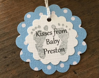 Personalized Baby Kisses Tag, Scallop Blue And Gray Polka Dot Footprint Tags, Kisses From Baby, Baby Shower Favor Tag, Set of 12