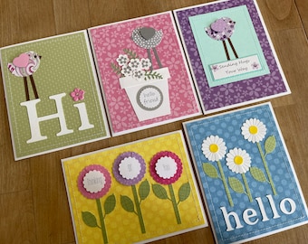 Friendship Card Assortment, Hello Handmade Flower and Bird Card Set, All Occasion Big Hugs Card and Envelopes, Set of 5