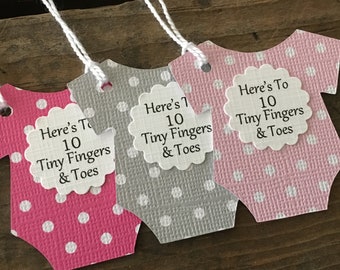 Heres To 10 Tiny Fingers And Toes, Polka Dot Baby Shower Bodysuit Tags, Pink Gray Baby Shower, Baby Shower Favor Labels, Set of 12