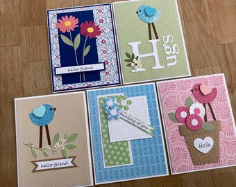 Friendship Thinking Of You Greeting Cards, Hugs and Hello Friends, Birds and Flowers, Set Of 5