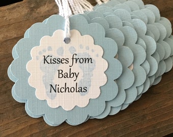 Kisses From Baby Boy, Blue Footprint Tags With Personalized Baby Name, Set of 12