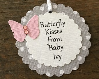 Butterfly Kisses Favor Tag, Personalized Pink Baby Tags, Pink and Gray Butterfly Baby Shower, Pink Butterfly, Gray Polka Dot Tag, Set of 12