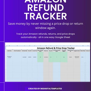 Puede incluir: Un gráfico púrpura con el texto "AMAZON REFUND TRACKER". La imagen promociona una hoja de cálculo de Google para el seguimiento de reembolsos, devoluciones y caídas de precios de Amazon. La hoja incluye columnas para el nombre del artículo, la fecha de compra y el importe del reembolso.
