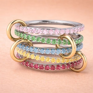 Celestial Link Stack: Multi Sapphire 5 Ring Set with Gold-Plated Jumps In Sterling Silver