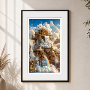 Cloud Factory Wall Art, Rainbow Fantasy Print, Surreal Steampunk Poster, Whimsical Sky Wall Decor