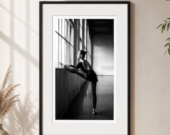 Black and White Ballerina Stretch Print, Elegant Dance Photography, Minimalist Studio Decor