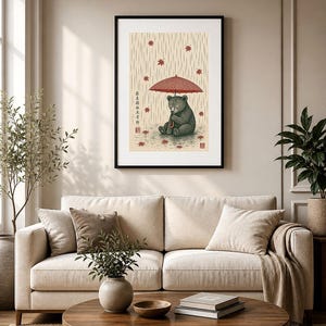 Japanese animal print styled in a calm neutral bedroom.