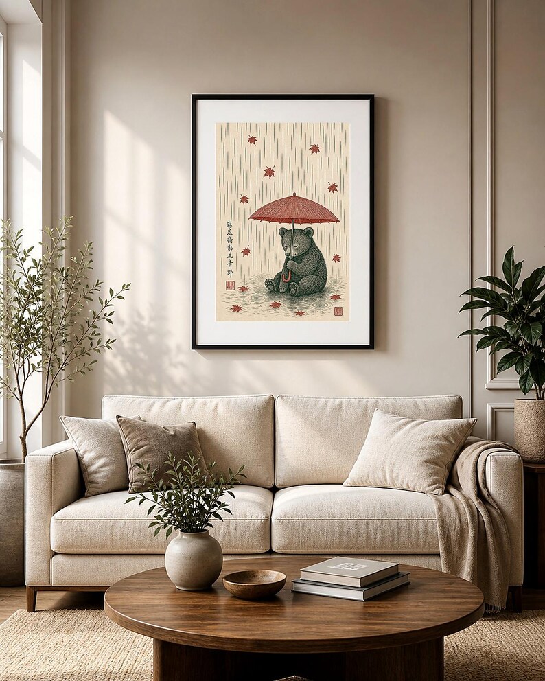 Japanese animal print styled in a calm neutral bedroom.