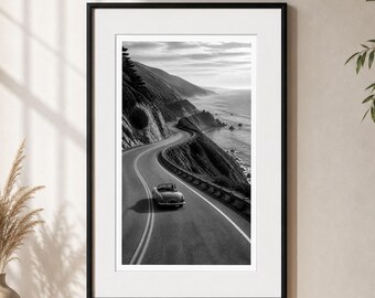 Black White Coastal Road Print, Vintage Convertible Car, Scenic Drive Photography Poster