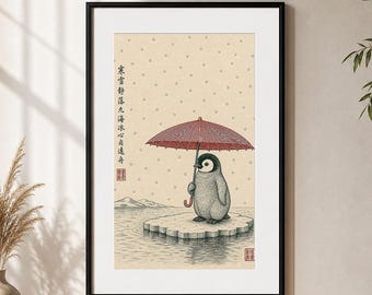 Pinguim sob guarda-chuva vermelho, arte de parede japonesa com tema de neve, estampa de animal de inverno, decoração japonesa AJA-0023