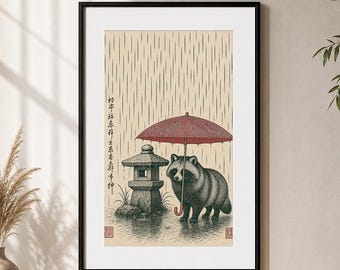 Impressão de guaxinim japonês Tanuki, arte de parede com guarda-chuva Wabi Sabi