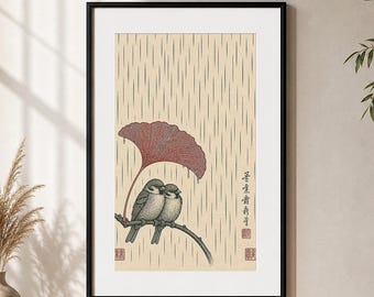 Pardais japoneses sob folha de ginkgo, arte de parede de pássaros wabi-sabi, impressão japonesa vintage AJA-0007