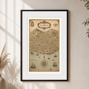 Vintage Lisbon Map Print, Antique Portugal Wall Art, Lisboa City Map, Maritime Travel Poster