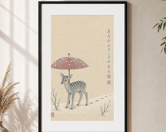 Estampa de veado japonês na neve, arte wabi-sabi de inverno na floresta, decoração vintage japonesa.