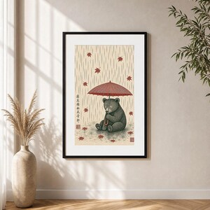 Red panda wall art displayed in a cosy Japandi living room.