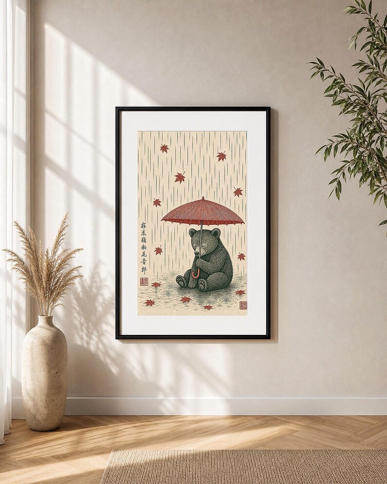 Red panda wall art displayed in a cosy Japandi living room.