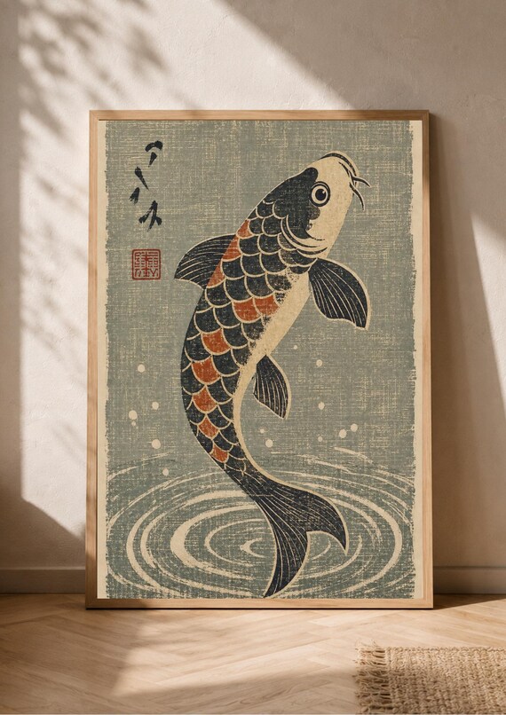 Japanese Koi Fish Poster Vintage Japandi Wall Art Print A4 A3 A3+