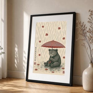 Vintage red panda poster above a modern wooden desk.