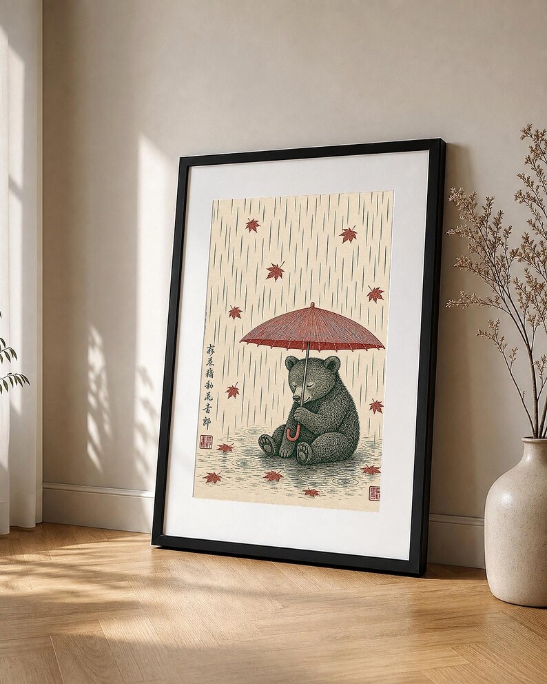 Vintage red panda poster above a modern wooden desk.
