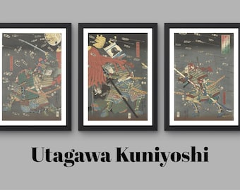 侍の戦いを描いた三連ポスター3枚セット – 歌川国芳風の日本の武士の壁掛けアート