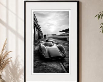 Stampa di auto da corsa vintage, arte murale in bianco e nero a tema motorsport, arredamento automobilistico retrò