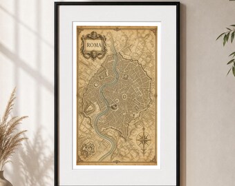 Vintage Rome Map Print, Antique Roma Wall Art, Italian City Map, Parchment Poster