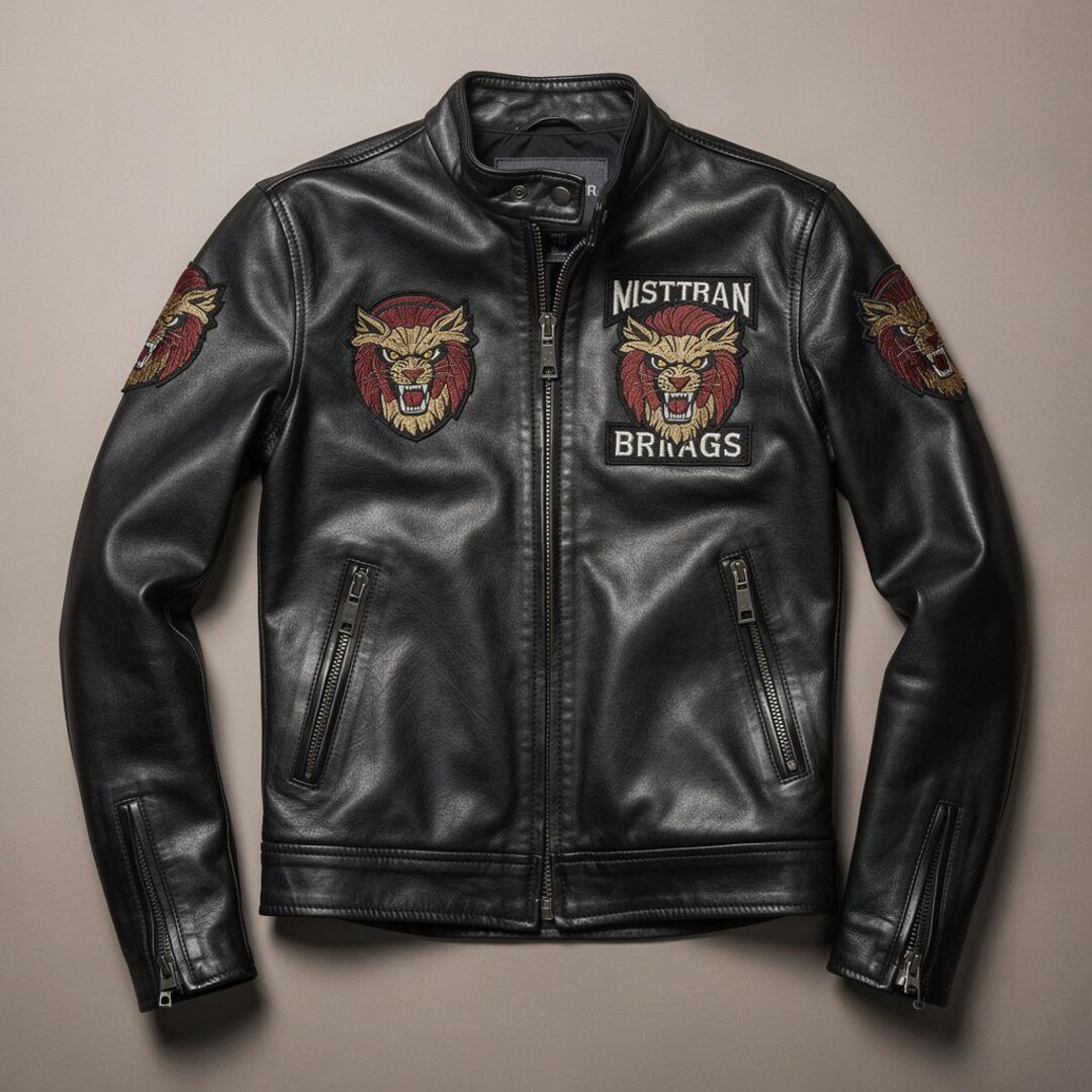 Men's Black Leather Jacket With Lion Embroidery Custom Biker Patch