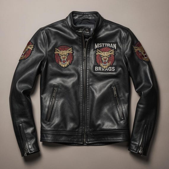 Men's Black Leather Jacket With Lion Embroidery Custom Biker Patch