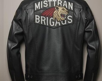 Men's Black Leather Jacket With Lion Embroidery Custom Biker Patch