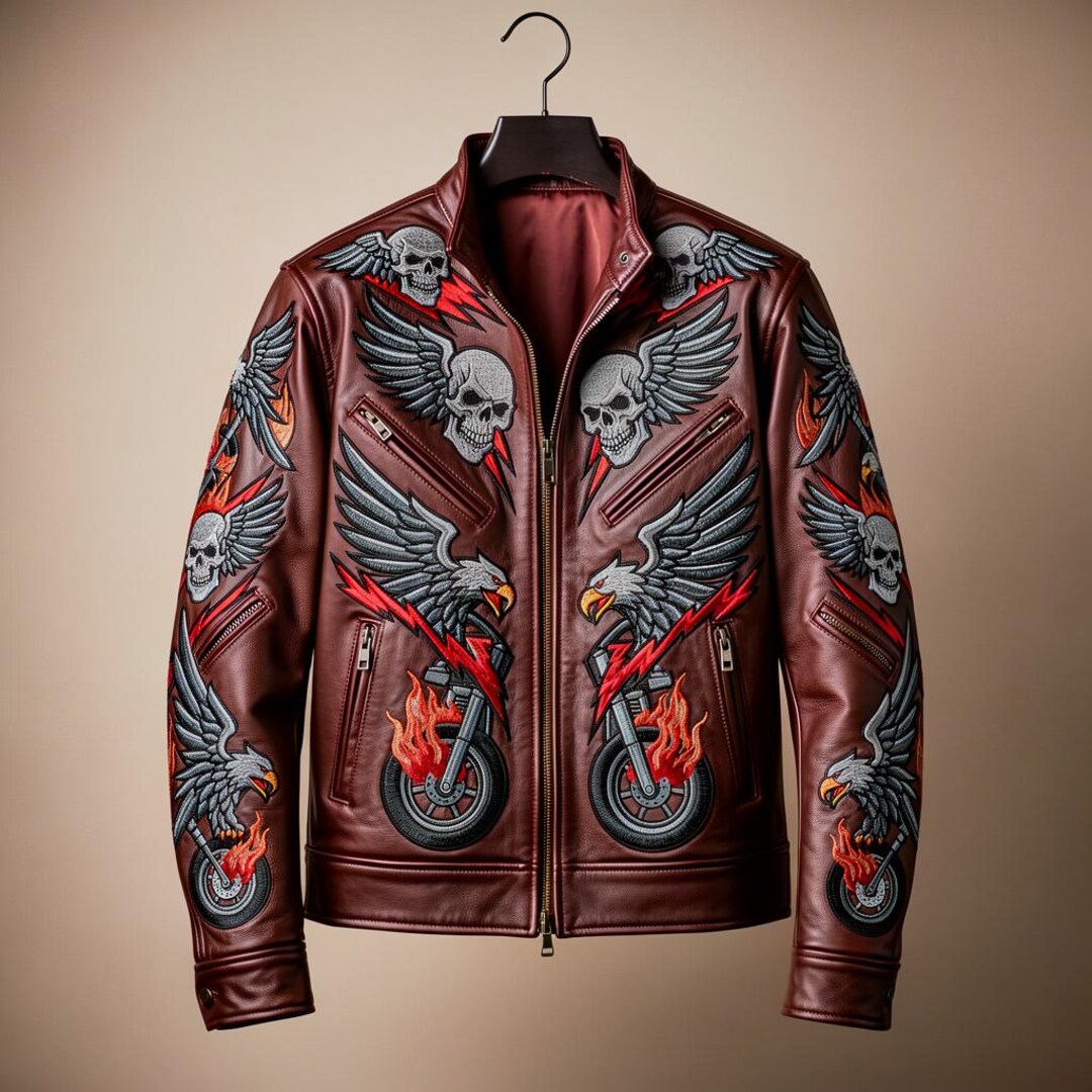 Men’s Burgundy Leather Biker Jacket With Skull & Eagle Embroidery ...
