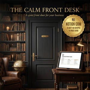 Könnte beinhalten: Eine digitale Produktanzeige mit einem Tablet, das eine Notion CRM-Oberfläche vor einer dunklen Tür und Bücherregalen zeigt. Ein goldenes Siegel zeigt Notion CRM, 15 soft-no scripts, 14-page guide. Der Text lautet THE CALM FRONT DESK, A quiet front door for your business.