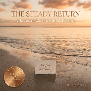 May include: A digital journal cover titled THE STEADY RETURN with the subtitle A place to land when a feeling feels like a fact. A small card reads Not fact. Just feeling. A circular badge notes 38-PAGE NOTION COMPANION A4 + LETTER.