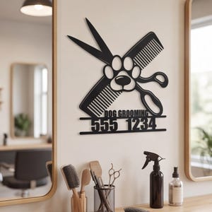 Custom Dog Grooming Metal Sign, Personalized Scissors and Comb Salon Decor, Pet Paw and Nose Business Logo, Professional Pet Stylist Plaque