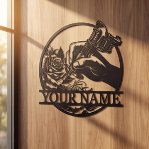 Personalized Tattoo Gun Metal Wall Art, Rose Floral Studio Sign, Gothic Decor, Unique Artist Gift, Custom Metal Tattoo Shop Accent