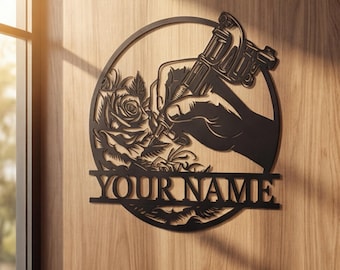 Personalized Tattoo Gun Metal Wall Art, Rose Floral Studio Sign, Gothic Decor, Unique Artist Gift, Custom Metal Tattoo Shop Accent