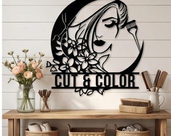 Gepersonaliseerde metalen bord kapsalon, aangepaste schoonheidsstylist muurdecoratie, naamplaatje kapper, salonlogo kunst, bord professionele kapperszaak