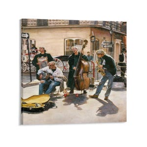 Può includere: Dipinto di una jazz band che suona in un angolo di strada. La band comprende contrabbasso, sassofono e chitarra. I musicisti sono vestiti in modo informale. La scena è ambientata in una strada soleggiata, con edifici e una carrozza trainata da cavalli sullo sfondo.