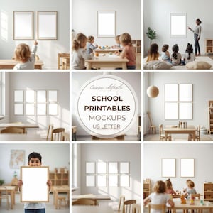 May include: A collection of mockups for school printables, featuring blank US Letter frames in various classroom settings. The images showcase children in a learning environment, with wooden tables, chairs, and neutral-toned walls. The text "Canva editable SCHOOL PRINTABLES MOCKUPS US LETTER" is visible.