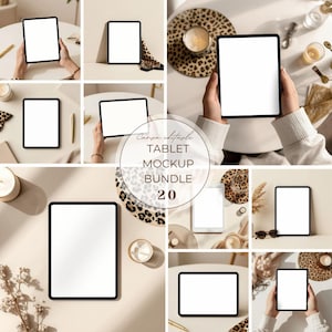 May include: A collage of 20 tablet mockups with blank screens and black frames. The images are styled with neutral backgrounds, candles, leopard print, and gold pens. The text on the image reads "Canva editable TABLET MOCKUP BUNDLE 20".