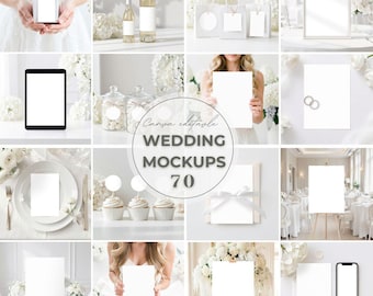 Mega paquete de 71 maquetas de boda blancas de lujo: papelería minimalista para fiestas, letreros, tarjetas de invitación, etiquetas, botellas y postres.