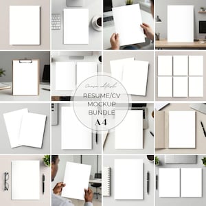 Könnte beinhalten: Eine Sammlung von Mockups mit leerem weißem Papier, das in verschiedenen Umgebungen mit Büromaterial und einem Laptop angeordnet ist. Der Text in der Mitte lautet "RESUME/CV MOCKUP BUNDLE A4".