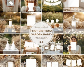 Conjunto de maquetas para fiestas de primer cumpleaños y bodas: letrero de bienvenida, invitaciones, pancarta para silla alta, pancarta de feliz cumpleaños, decoración de Canva.
