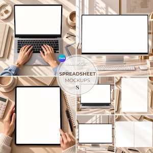 May include: A collection of digital device mockups including a laptop, a desktop monitor, and a tablet, all featuring blank white screens. The set includes various office accessories like notebooks, pens, and a calculator arranged on a desk.