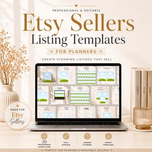 May include: A laptop screen displaying twenty professional and editable Etsy listing templates for planners. The screen shows various slide layouts with green and blue graphics. Text on the screen includes Planner, Features, Preview, Goal Setting, and FAQ.