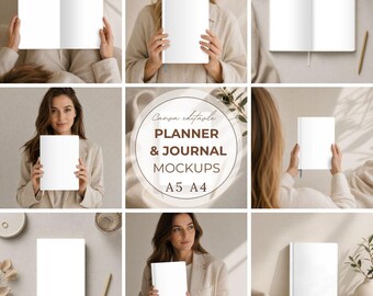 Maqueta de agenda minimalista, paquete de Canva, maqueta de cuaderno de diario, estética neutra, plantillas editables de Canva, conjunto de maquetas de marca de lujo