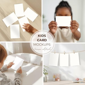 May include: A composite image featuring white rectangular cards in various settings. The text "KIDS CARD MOCKUPS Canva editable" is displayed in a circular graphic. Children's hands are shown interacting with the cards.