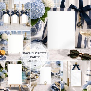 May include: A collage of mockups for a bachelorette party, featuring champagne bottles, blank signs, and floral arrangements. The scene includes a striped tote bag, sunglasses, and a glass of champagne. The text "Bachelorette Party Mockups 7" is visible.