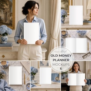 May include: A collection of white, blank planner mockups featuring various layouts, including closed covers and open pages. The set includes views of planners on marble surfaces, held by individuals, and displayed with decorative items like flowers.