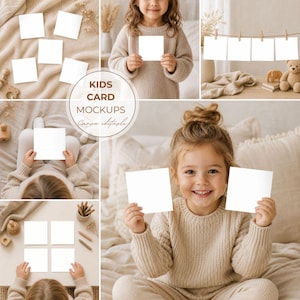 Puede incluir: Un collage de imágenes con niños sosteniendo tarjetas cuadradas blancas en blanco. El texto "KIDS CARD MOCKUPS Canva editable" está presente. Los niños visten jerséis de colores neutros en un ambiente acogedor.