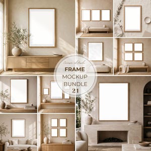 May include: A collection of digital frame mockups featuring light wood frames in various arrangements on neutral-toned walls. The images display empty white rectangular spaces for art, set within interior scenes with furniture and decor.